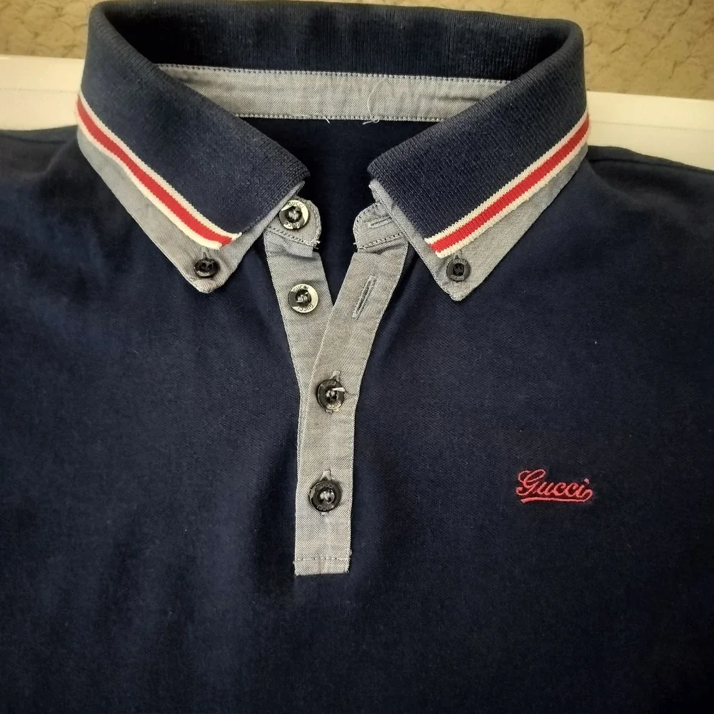 Gucci Mens Navy Blue Pique Polo Shirt‎ Web Stripe Collar Made in Italy XS